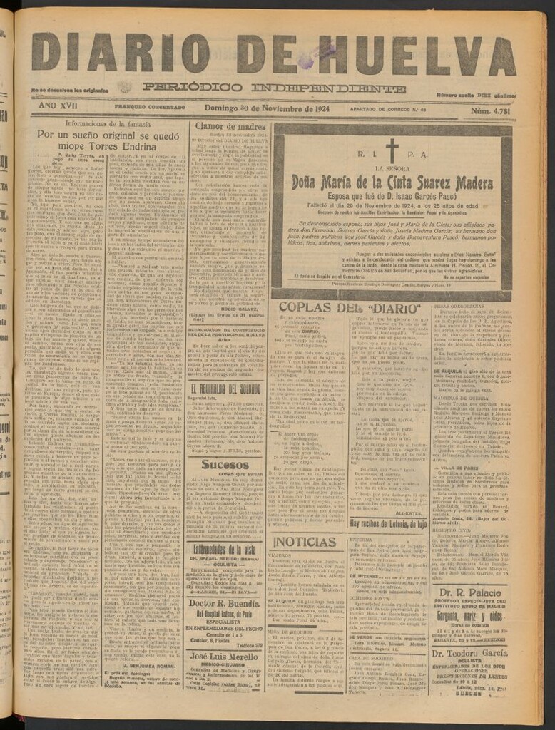 Miniatura de Diario de Huelva : periódico independiente del 30 de noviembre de 1924