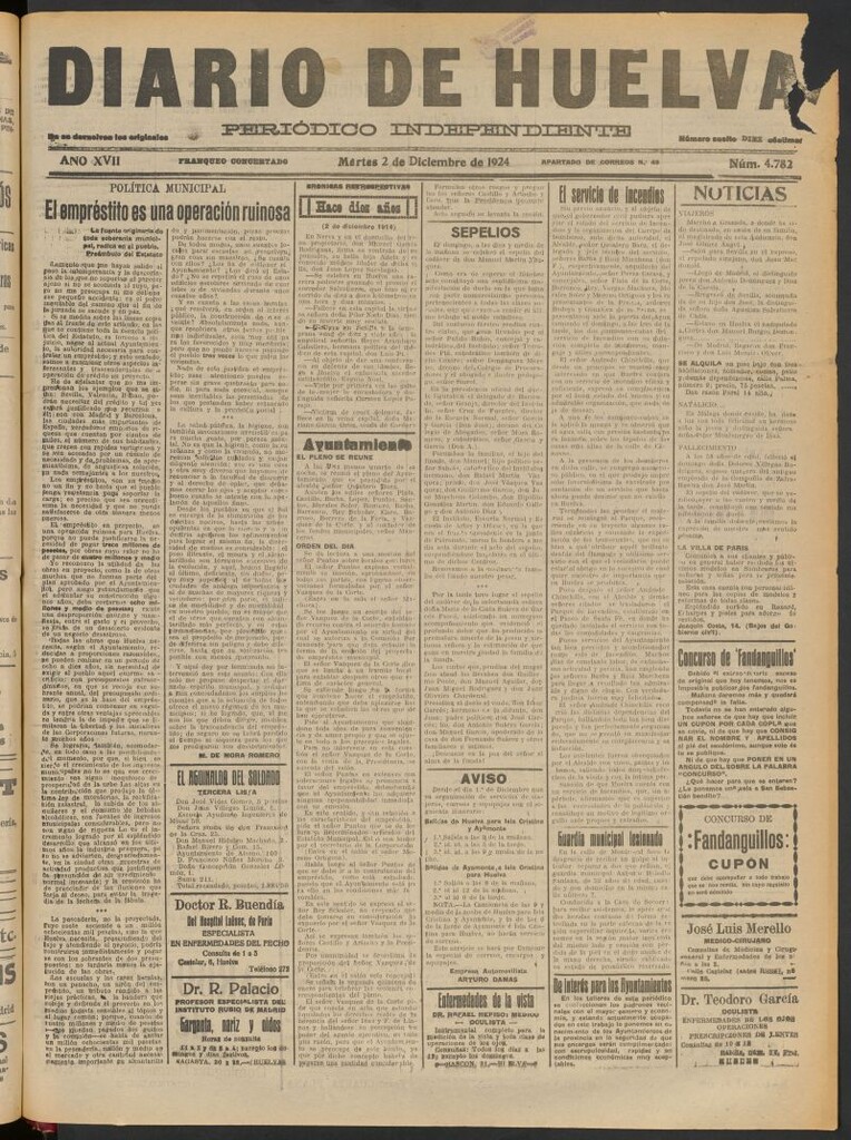 Miniatura de Diario de Huelva : periódico independiente del 2 de diciembre de 1924