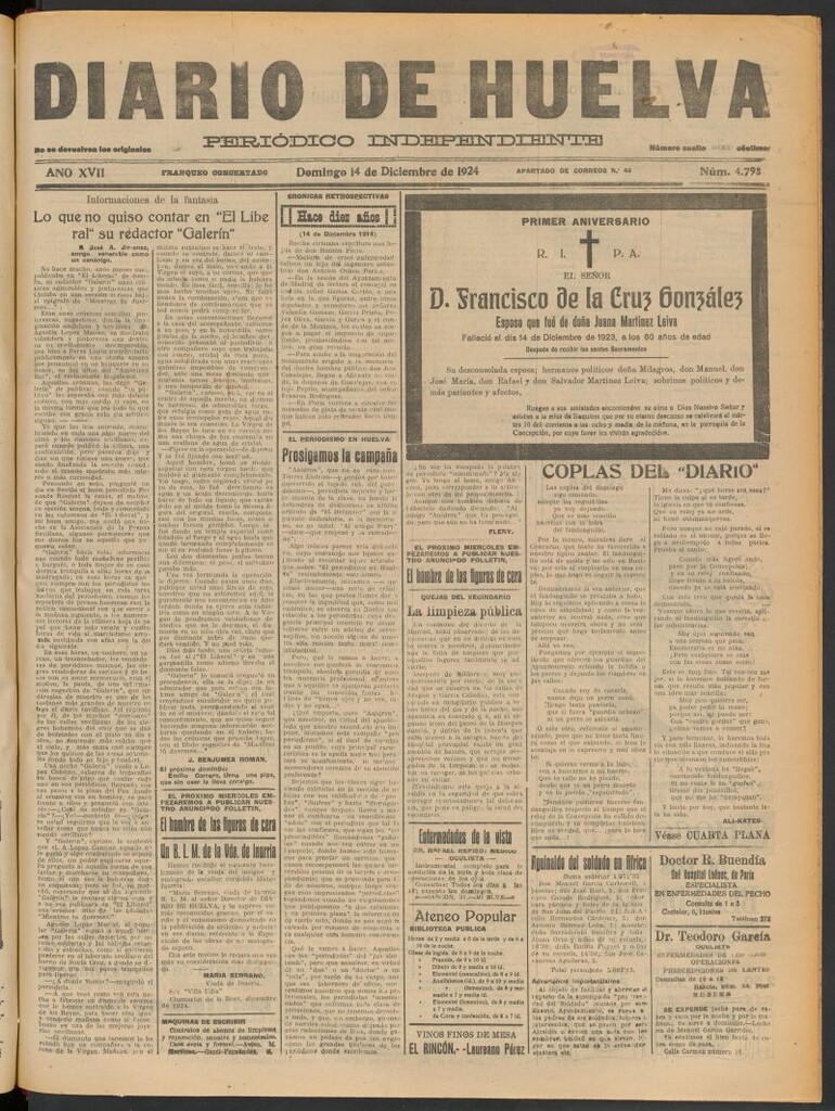 Miniatura de Diario de Huelva : periódico independiente del 14 de diciembre de 1924
