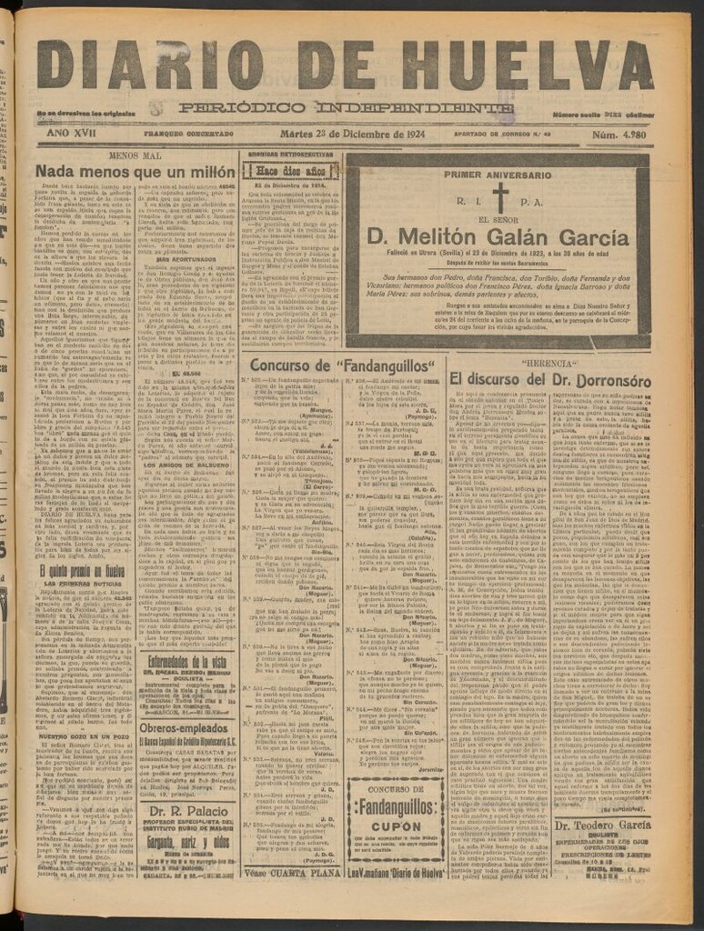 Miniatura de Diario de Huelva : periódico independiente del 23 de diciembre de 1924