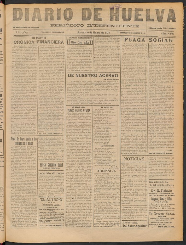 Miniatura de Diario de Huelva : periódico independiente del 10 de enero de 1924