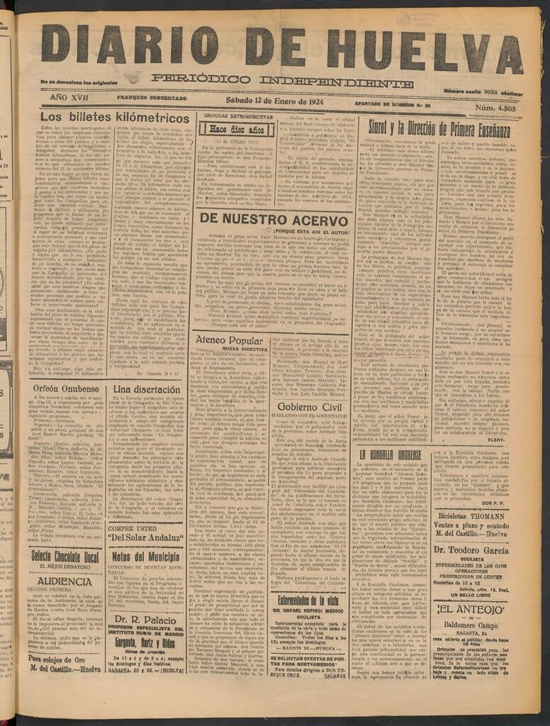 Miniatura de Diario de Huelva : periódico independiente del 12 de enero de 1924