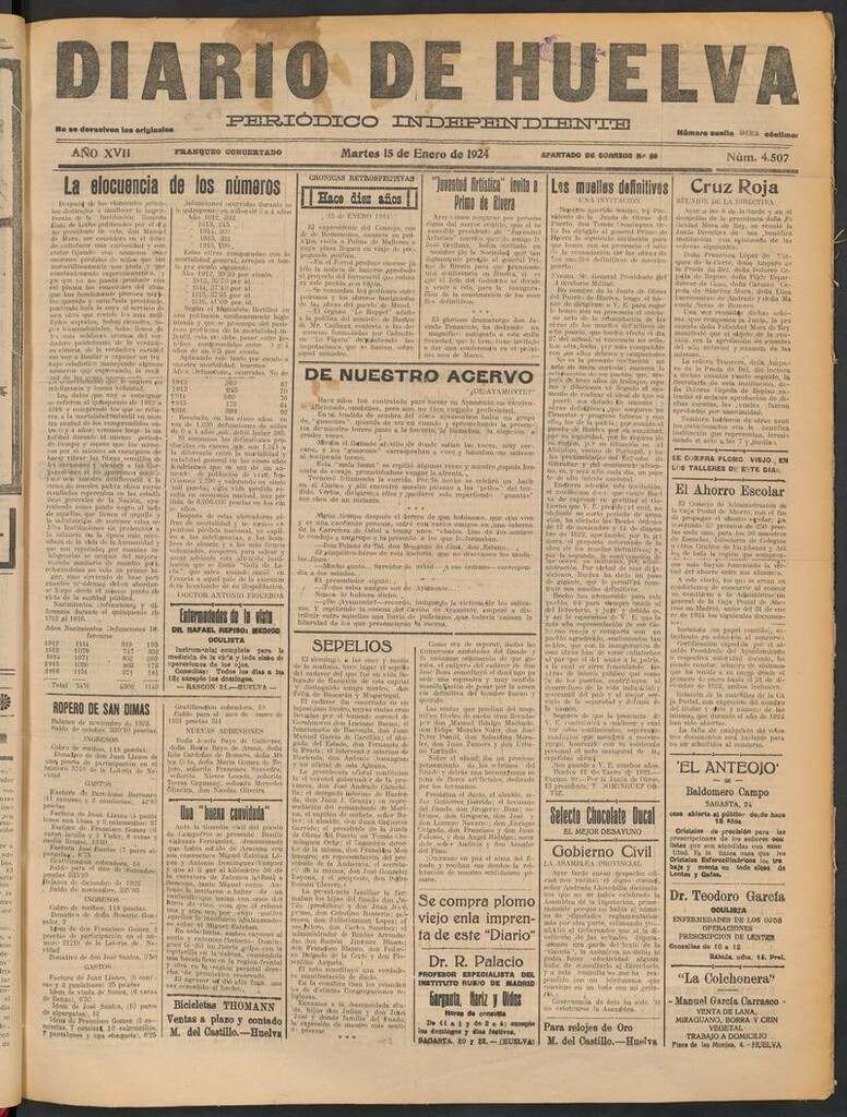 Miniatura de Diario de Huelva : periódico independiente del 15 de enero de 1924