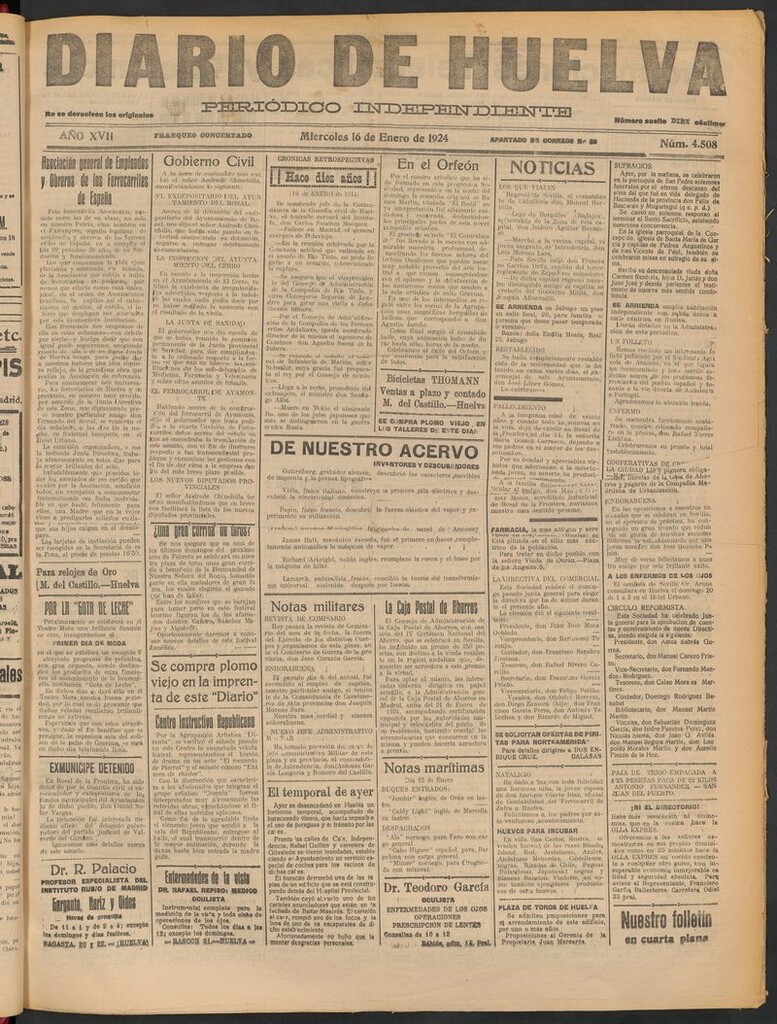 Miniatura de Diario de Huelva : periódico independiente del 16 de enero de 1924