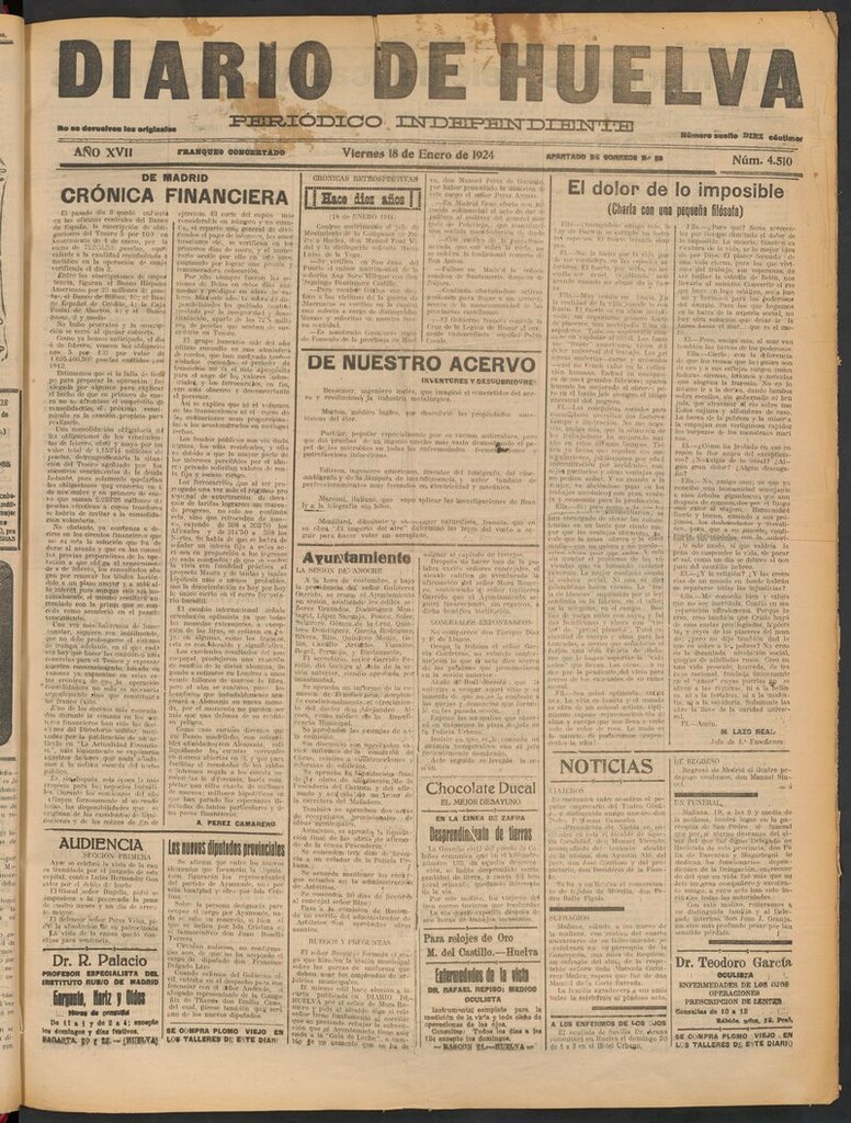 Miniatura de Diario de Huelva : periódico independiente del 18 de enero de 1924