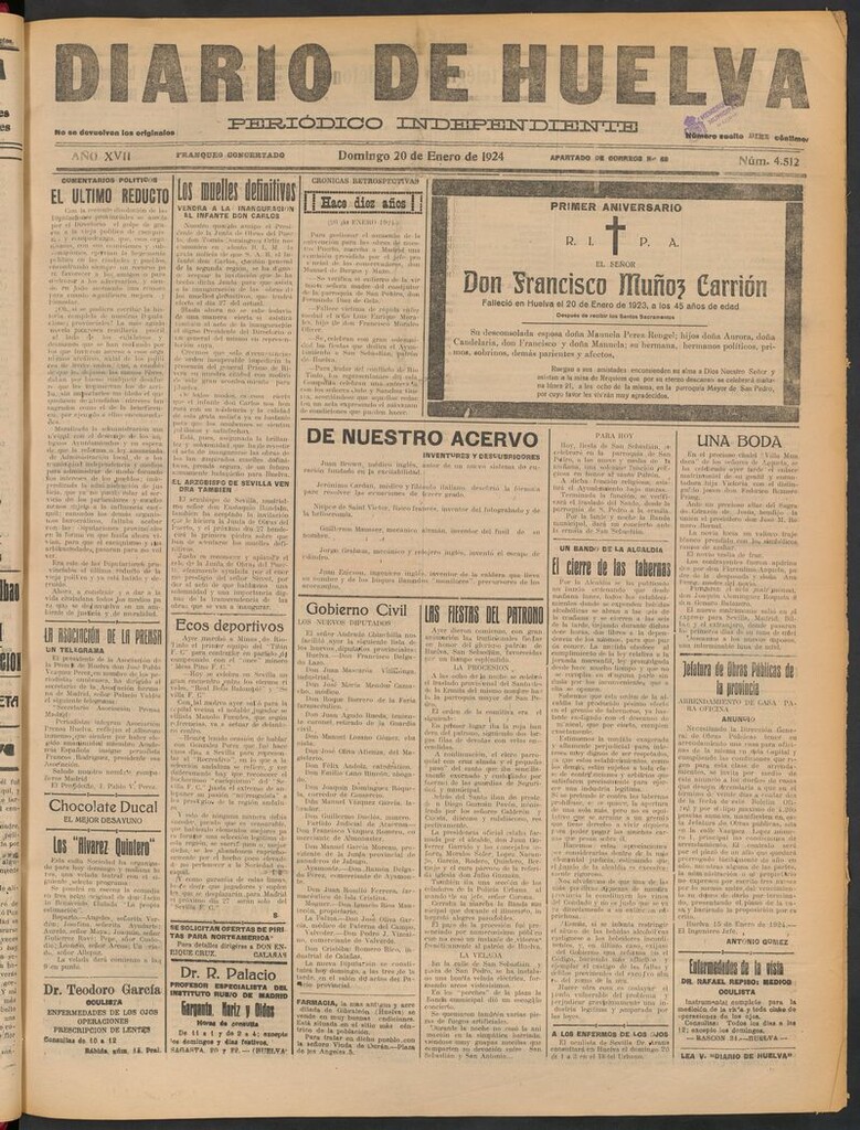 Miniatura de Diario de Huelva : periódico independiente del 20 de enero de 1924