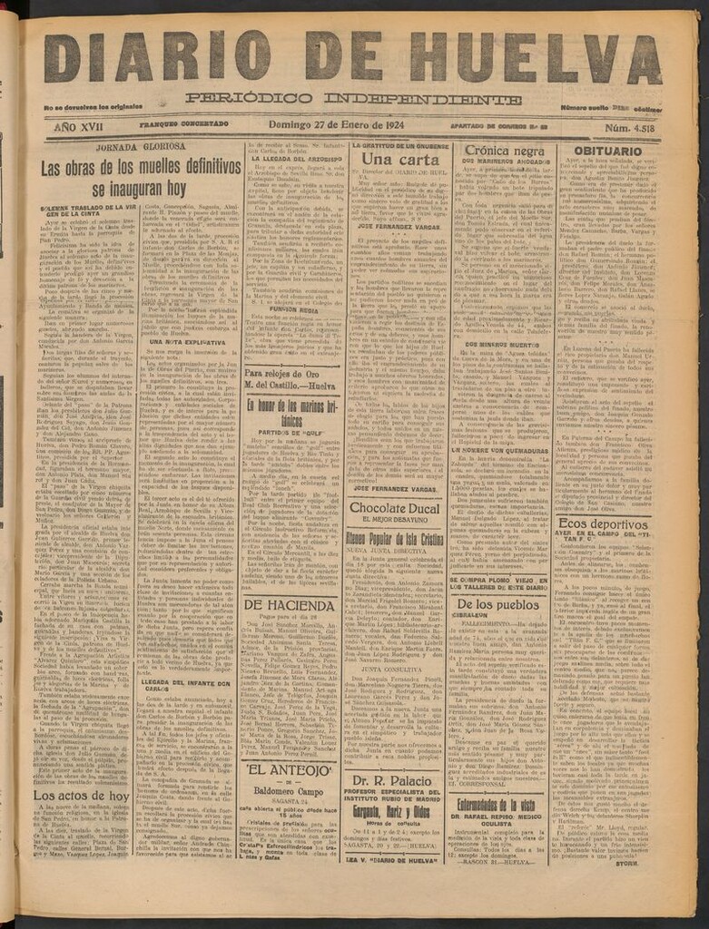 Miniatura de Diario de Huelva : periódico independiente del 27 de enero de 1924