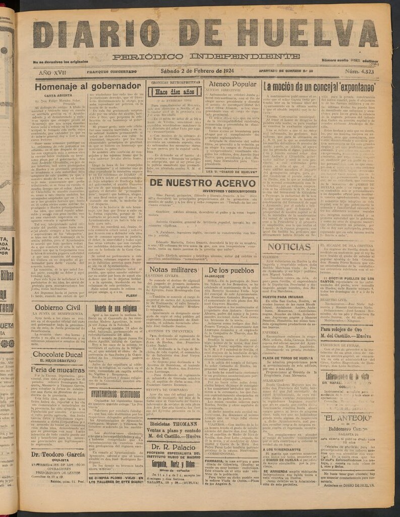 Miniatura de Diario de Huelva : periódico independiente del 2 de febrero de 1924