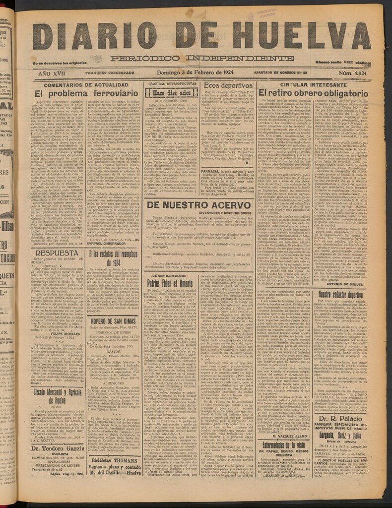 Miniatura de Diario de Huelva : periódico independiente del 3 de febrero de 1924