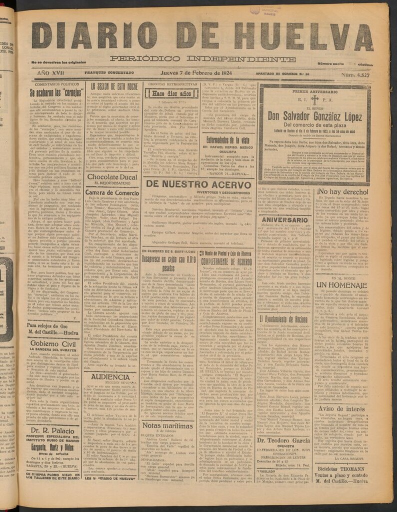 Miniatura de Diario de Huelva : periódico independiente del 7 de febrero de 1924