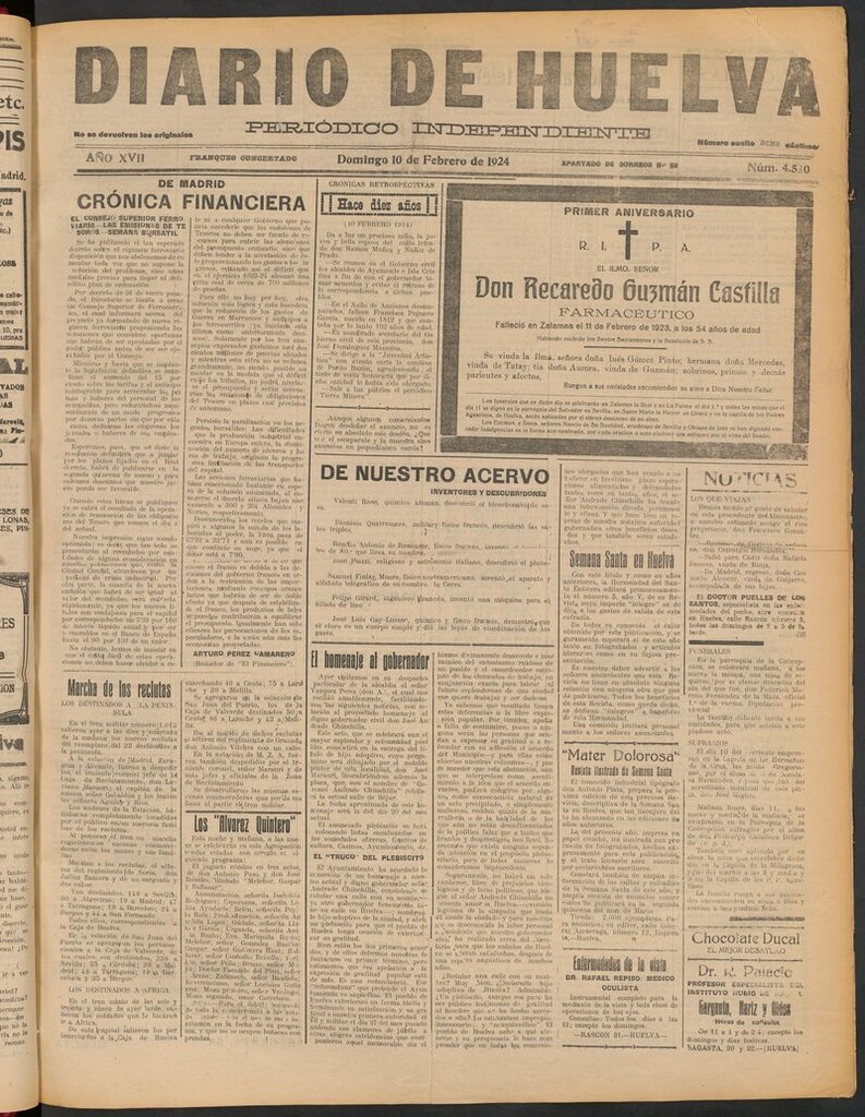Miniatura de Diario de Huelva : periódico independiente del 10 de febrero de 1924