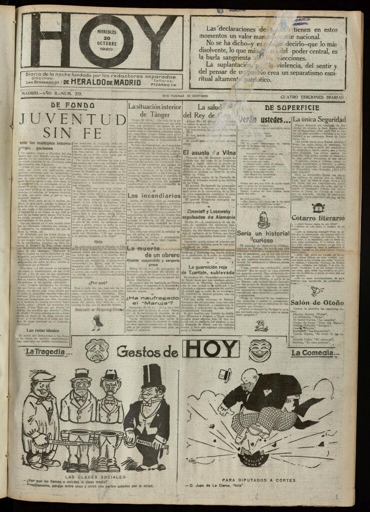 Miniatura de Hoy del 20 de octubre de 1920