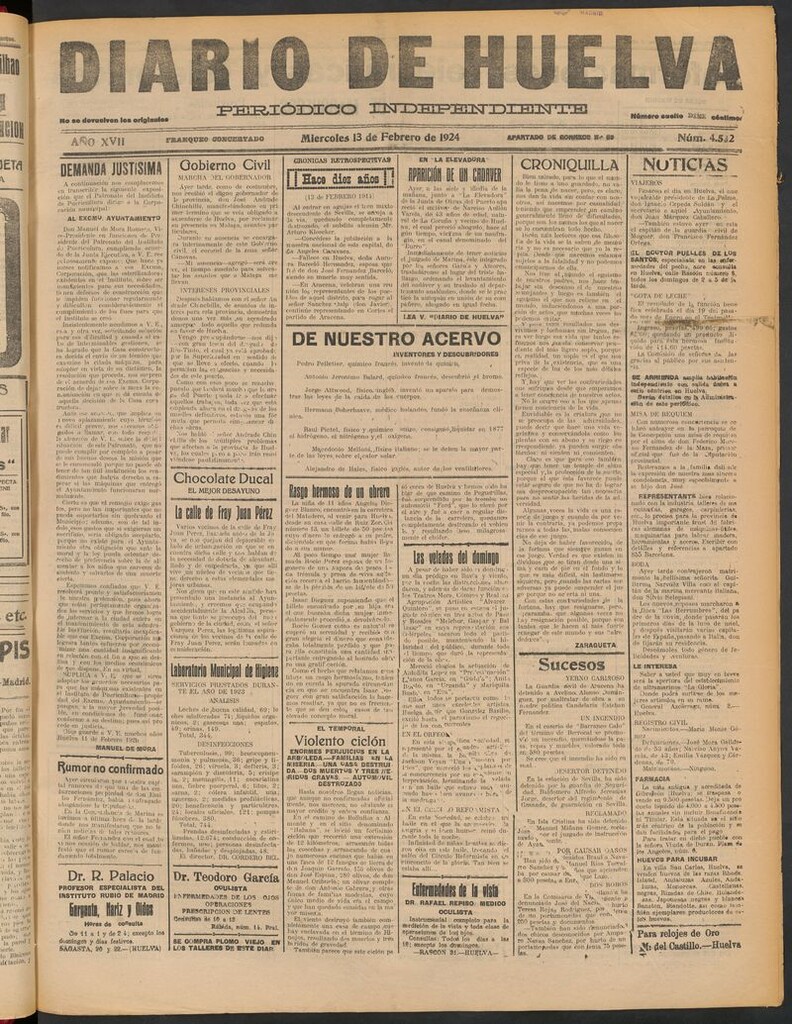 Miniatura de Diario de Huelva : periódico independiente del 13 de febrero de 1924