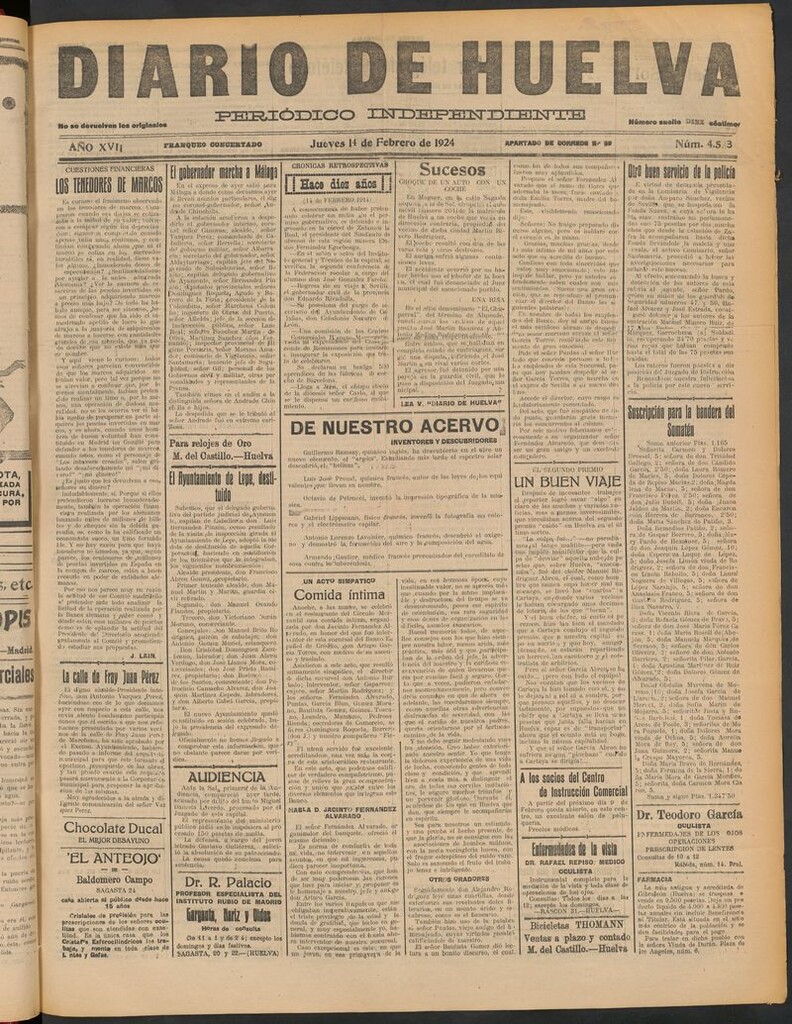 Miniatura de Diario de Huelva : periódico independiente del 14 de febrero de 1924