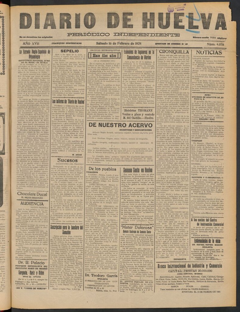 Miniatura de Diario de Huelva : periódico independiente del 16 de febrero de 1924