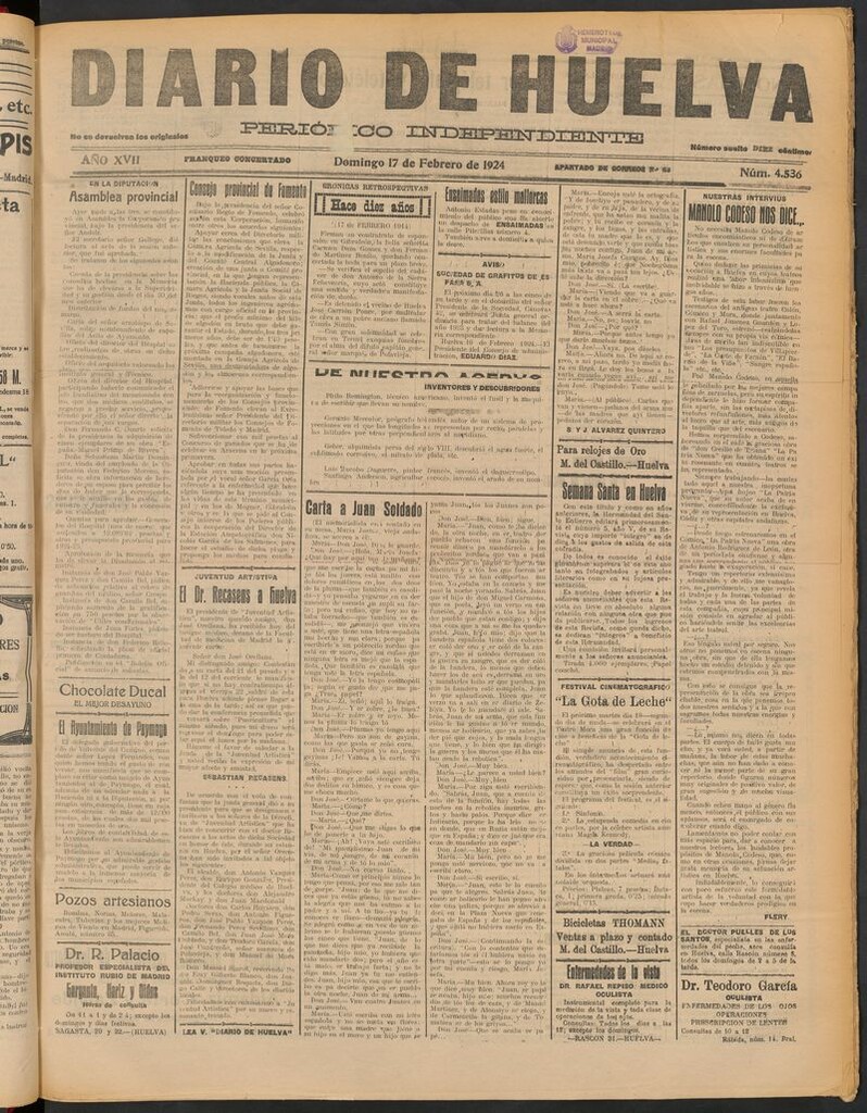 Miniatura de Diario de Huelva : periódico independiente del 17 de febrero de 1924