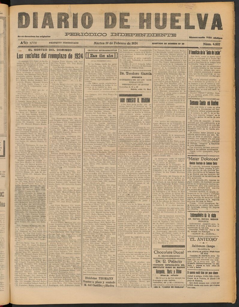 Miniatura de Diario de Huelva : periódico independiente del 19 de febrero de 1924