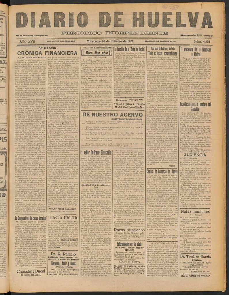 Miniatura de Diario de Huelva : periódico independiente del 20 de febrero de 1924