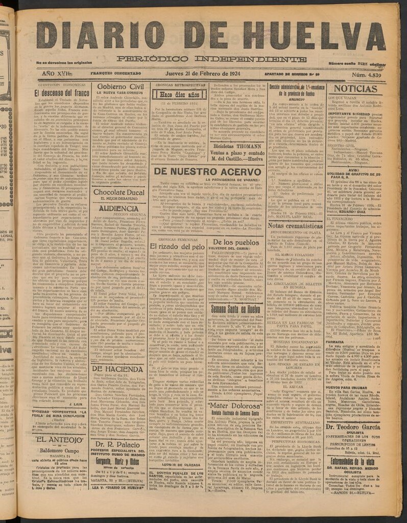 Miniatura de Diario de Huelva : periódico independiente del 21 de febrero de 1924
