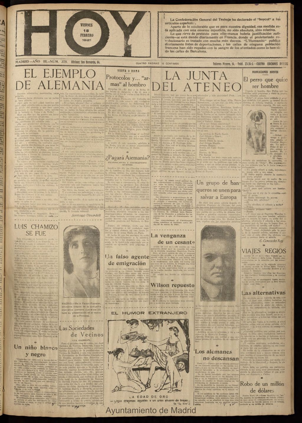 Miniatura de Hoy del 18 de febrero de 1921