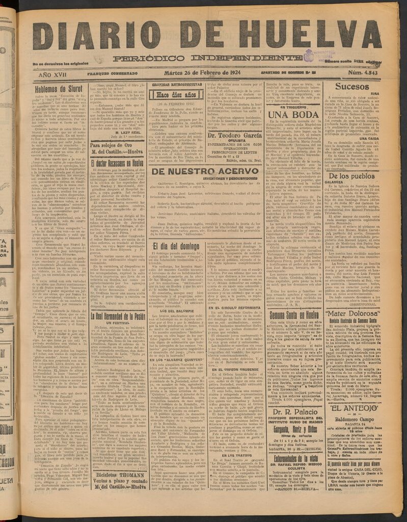 Miniatura de Diario de Huelva : periódico independiente del 26 de febrero de 1924