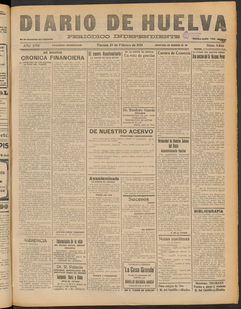 Miniatura de Diario de Huelva : periódico independiente del 29 de febrero de 1924
