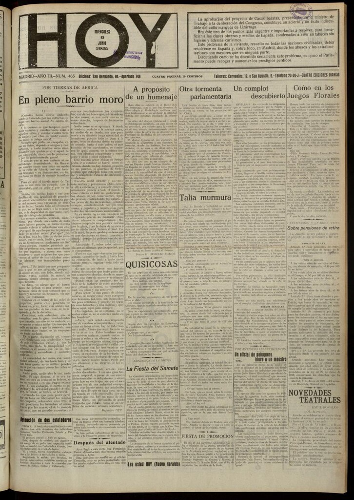 Miniatura de Hoy del 8 de junio de 1921, edición extraordinaria