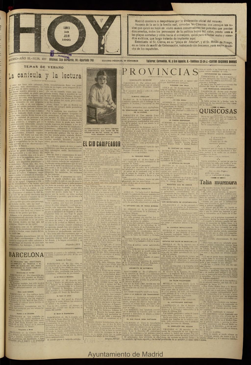 Miniatura de Hoy del 18 de julio de 1921
