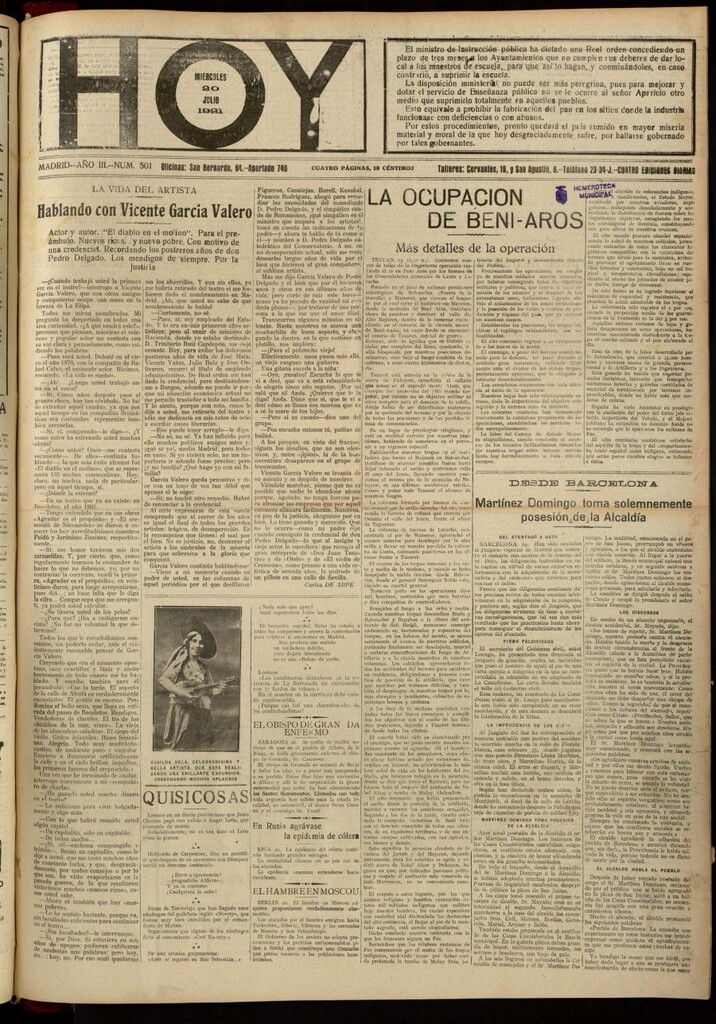 Miniatura de Hoy del 20 de julio de 1921