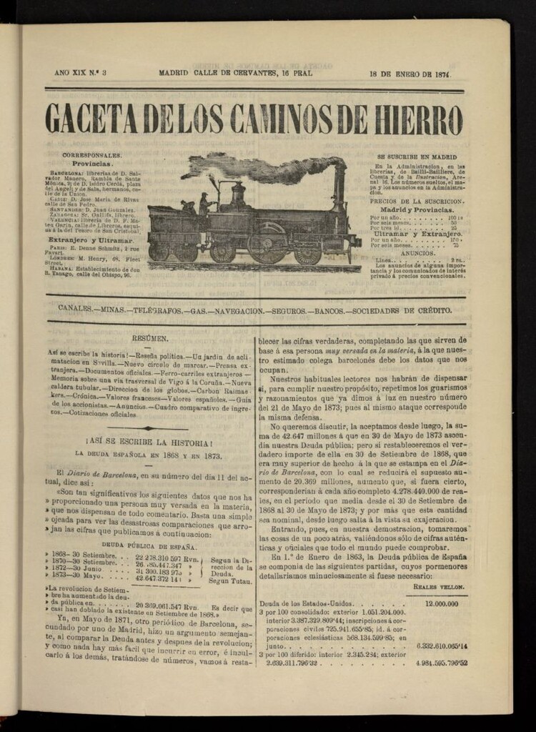 Miniatura de Gaceta de los Caminos de Hierro del 18 de enero de 1874, nº 3