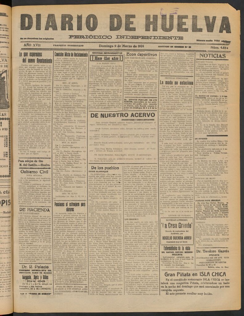 Miniatura de Diario de Huelva : periódico independiente del 9 de marzo de 1924
