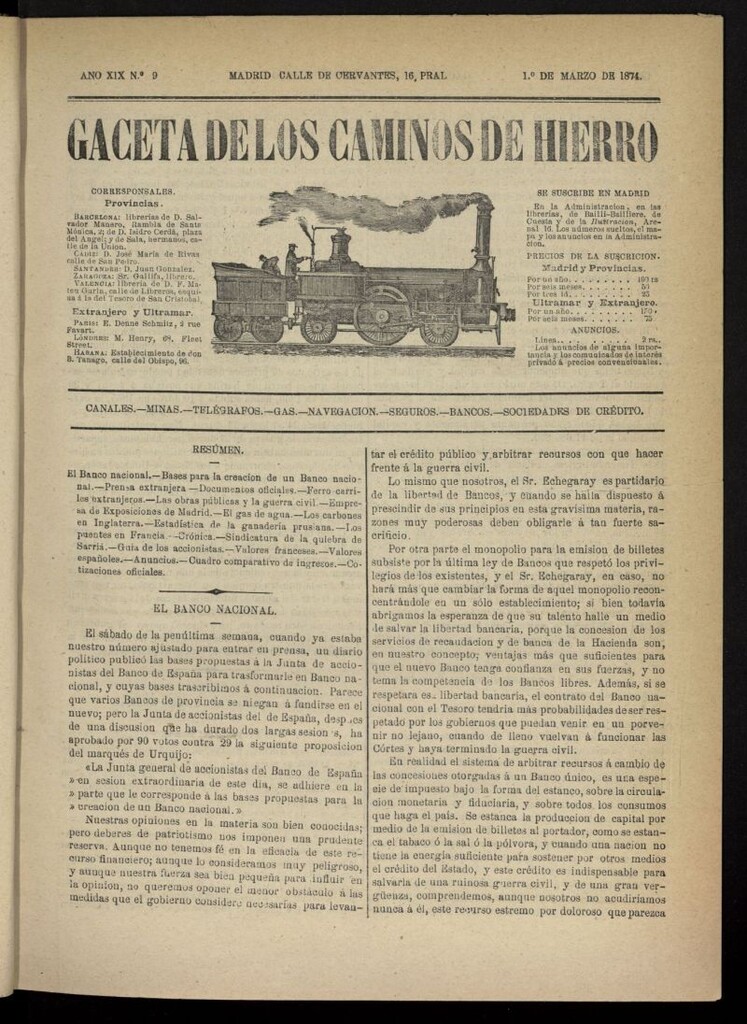 Miniatura de Gaceta de los Caminos de Hierro del 1 de marzo de 1874, nº 9