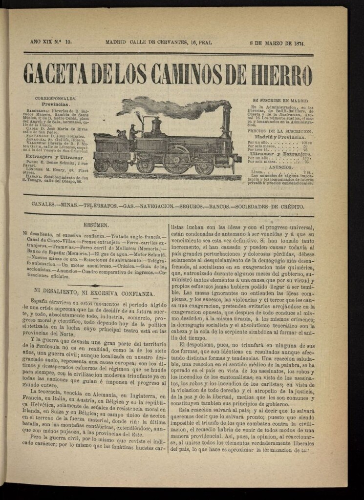 Miniatura de Gaceta de los Caminos de Hierro del 8 de marzo de 1874, nº 10