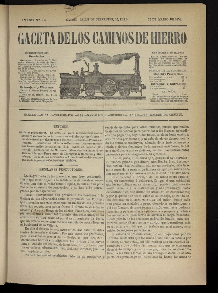 Miniatura de Gaceta de los Caminos de Hierro del 15 de marzo de 1874, nº 11