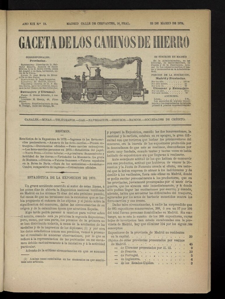 Miniatura de Gaceta de los Caminos de Hierro del 22 de marzo de 1874, nº 12
