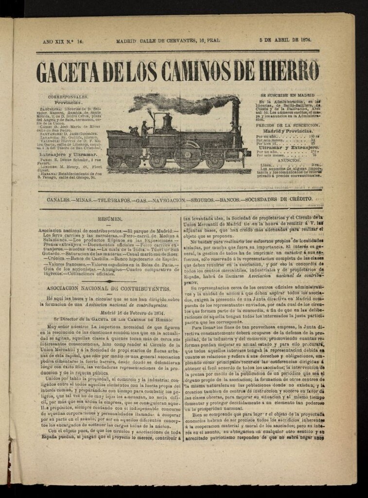 Miniatura de Gaceta de los Caminos de Hierro del 5 de abril de 1874, nº 14