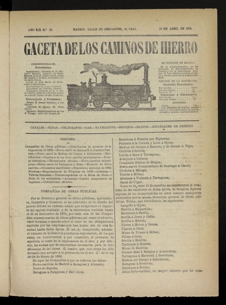 Miniatura de Gaceta de los Caminos de Hierro del 12 de abril de 1874, nº 15