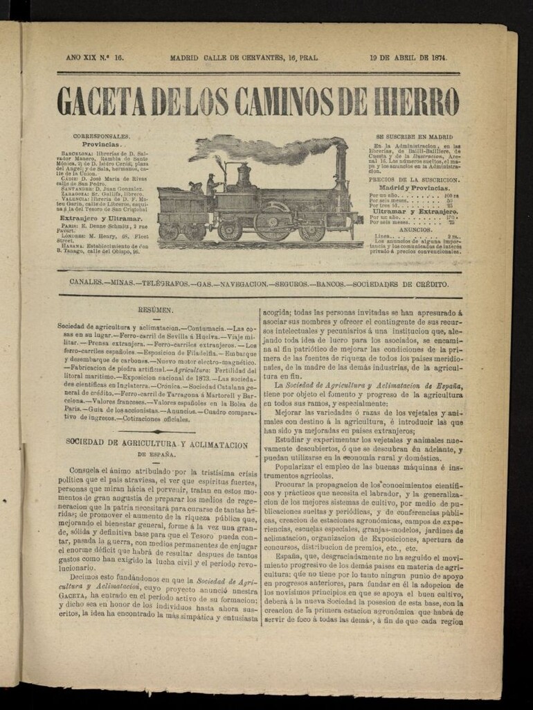 Miniatura de Gaceta de los Caminos de Hierro del 19 de abril de 1874, nº 16