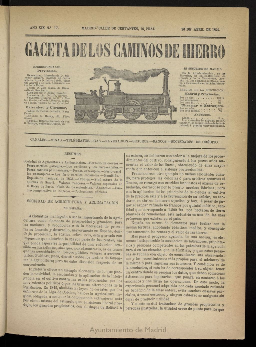 Miniatura de Gaceta de los Caminos de Hierro del 26 de abril de 1874, nº 17