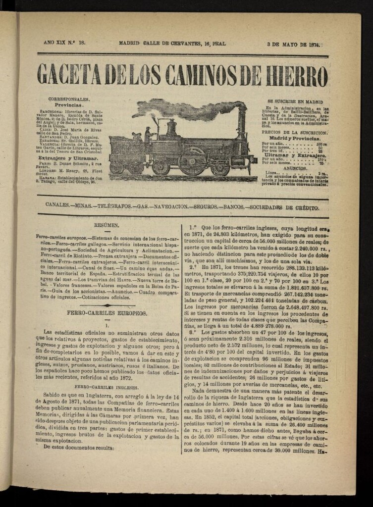 Miniatura de Gaceta de los Caminos de Hierro del 3 de mayo de 1874, nº 18
