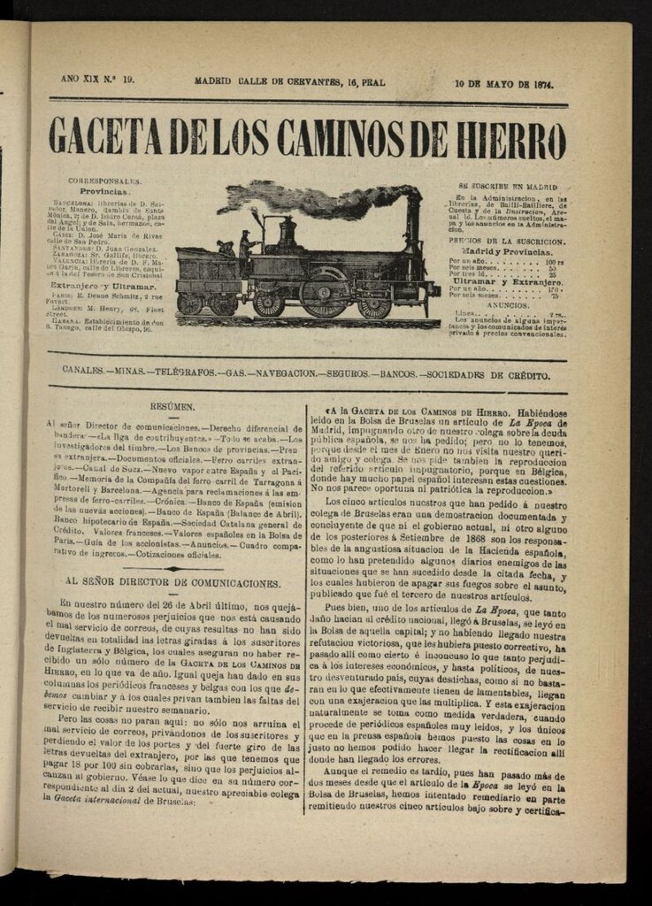 Miniatura de Gaceta de los Caminos de Hierro del 10 de mayo de 1874, nº 19