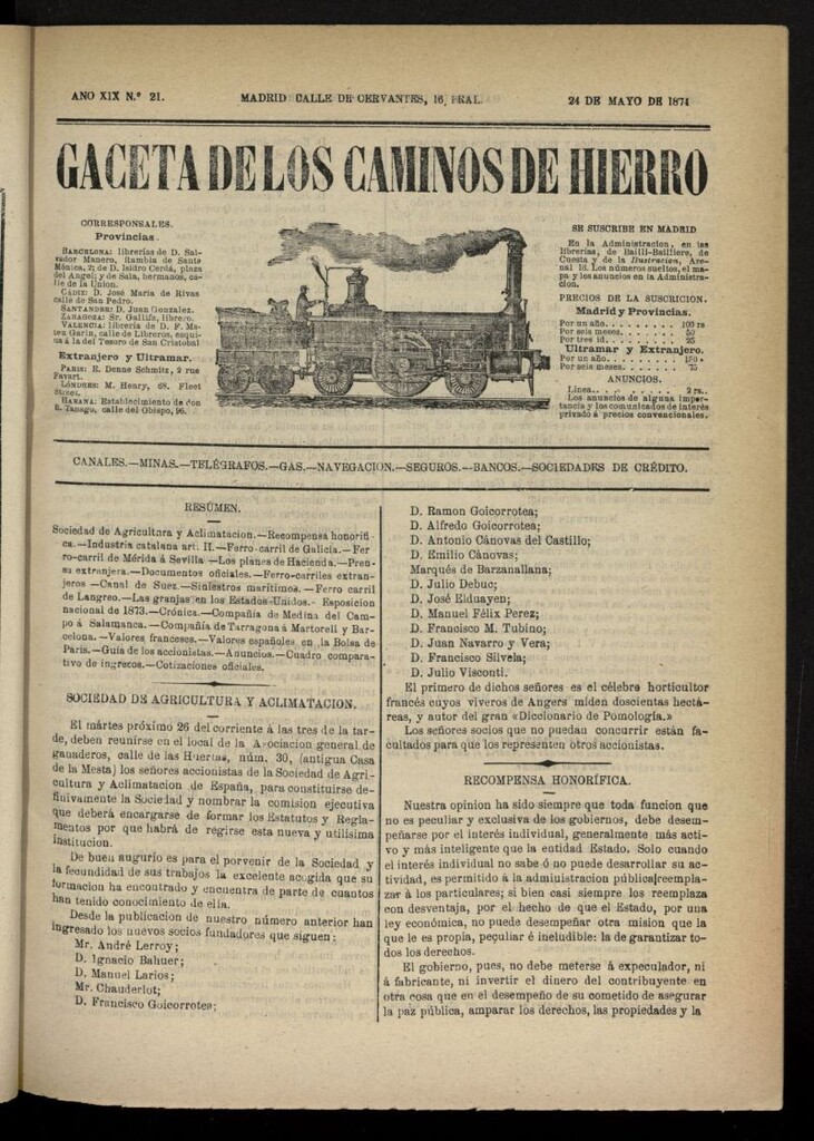 Miniatura de Gaceta de los Caminos de Hierro del 24 de mayo de 1874, nº 21