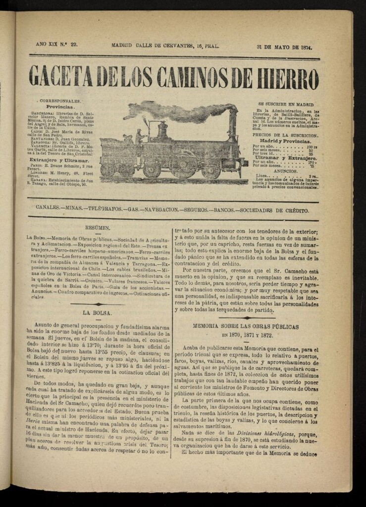 Miniatura de Gaceta de los Caminos de Hierro del 31 de mayo de 1874, nº 22