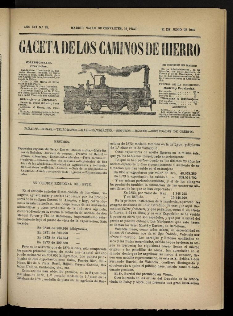 Miniatura de Gaceta de los Caminos de Hierro del 21 de junio de 1874, nº 25