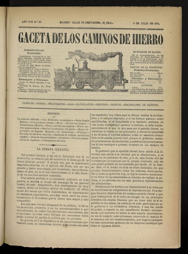 Miniatura de Gaceta de los Caminos de Hierro del 5 de julio de 1874, nº 27