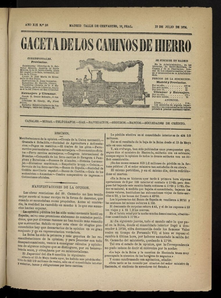 Miniatura de Gaceta de los Caminos de Hierro del 12 de julio de 1874, nº 28