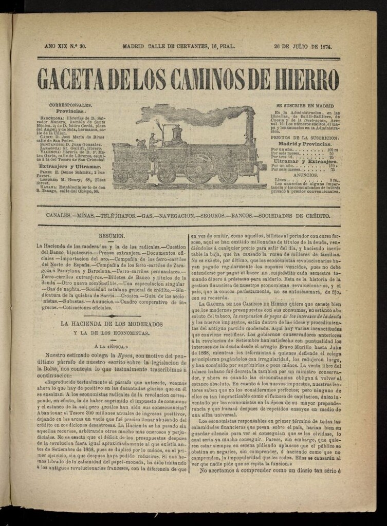 Miniatura de Gaceta de los Caminos de Hierro del 26 de julio de 1874, nº 30