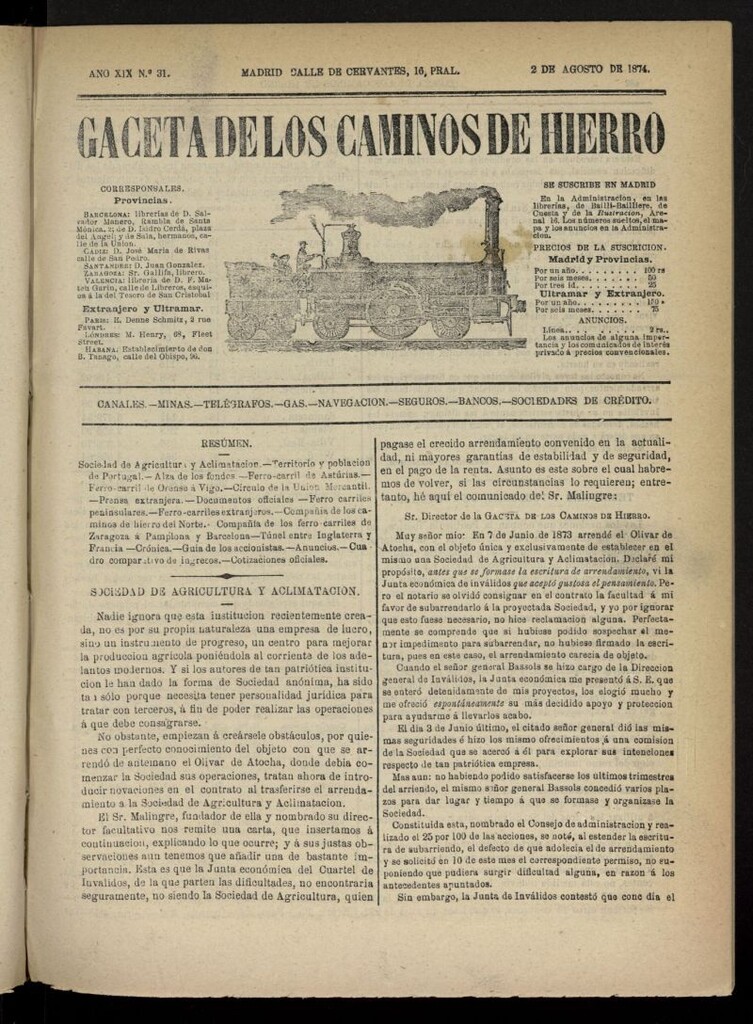Miniatura de Gaceta de los Caminos de Hierro del 2 de agosto de 1874, nº 31