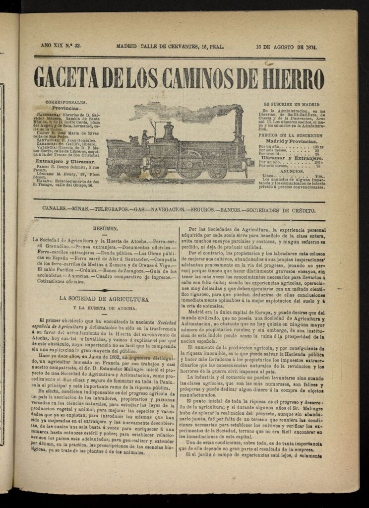 Miniatura de Gaceta de los Caminos de Hierro del 16 de agosto de 1874, nº 33