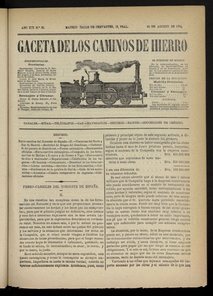 Miniatura de Gaceta de los Caminos de Hierro del 30 de agosto de 1874, nº 35